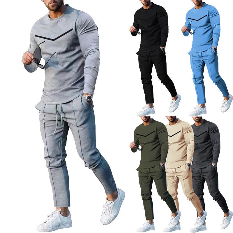 European Clothing Spring Autumn Two-piece Round Neck Long Sleeved T-shirt And Pants Set, Men's Casual Sports Set