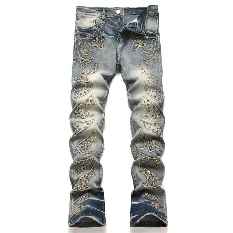 Punk Blue Slim Elastic Orange Patch Youth Straight Flared Men's Jeans