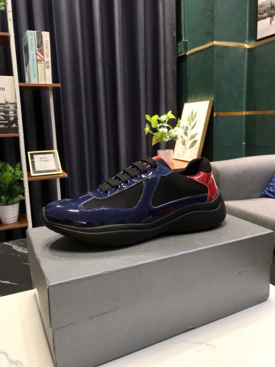 Baskets en cuir, chaussures plates vernies noires et bleues en nylon et maille, chaussures décontractées 888