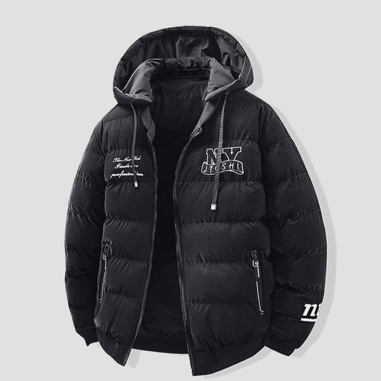 ​Men's Reversible Hooded Jacket With Embroidery & Print Design, Lightweight Polyester Winter Coat For Teens & Adults (Black, Khaki, Coffee)