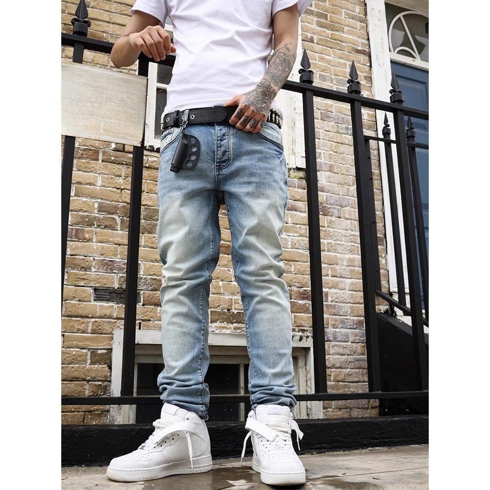 Streetwear Distressed Jeans – Slim Fit Vintage Washed Denim (S-3XL, Hip-Hop Stretch, Faded Blue, Casual Everyday Wear, Unisex Urban Style)