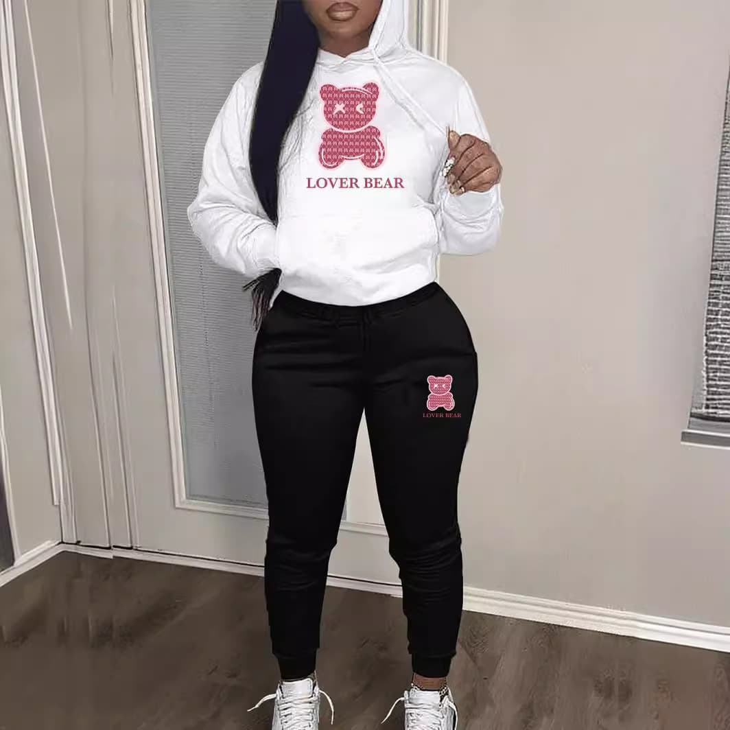 Women's Clothing Suit Hooded Sweatshirt Sweatpants Color Matching Bear Print Suit Manufacturers Spot