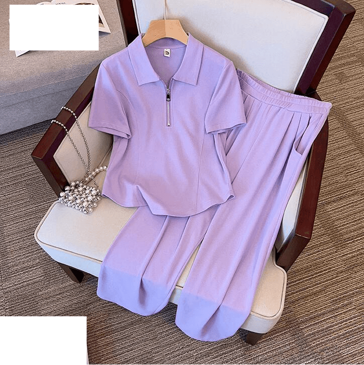 women's short-sleeved top + wide-leg pants two-piece set sweet casual meat-covering slim trousers suit