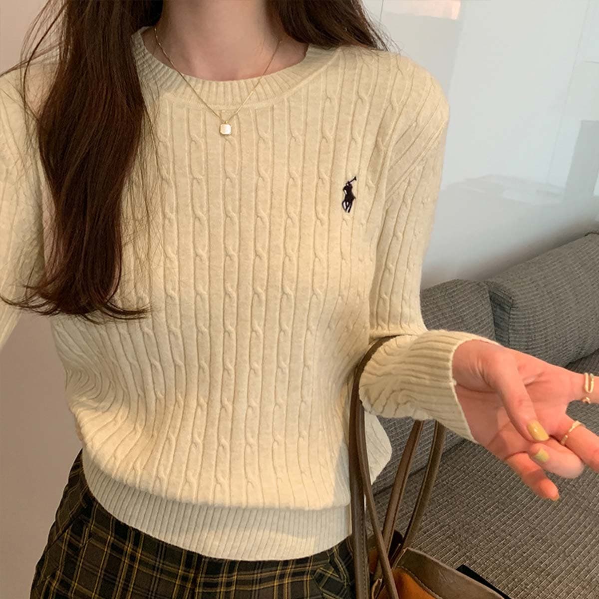 Pull brodé de golf torsadé pour femme, pull à manches longues et col rond