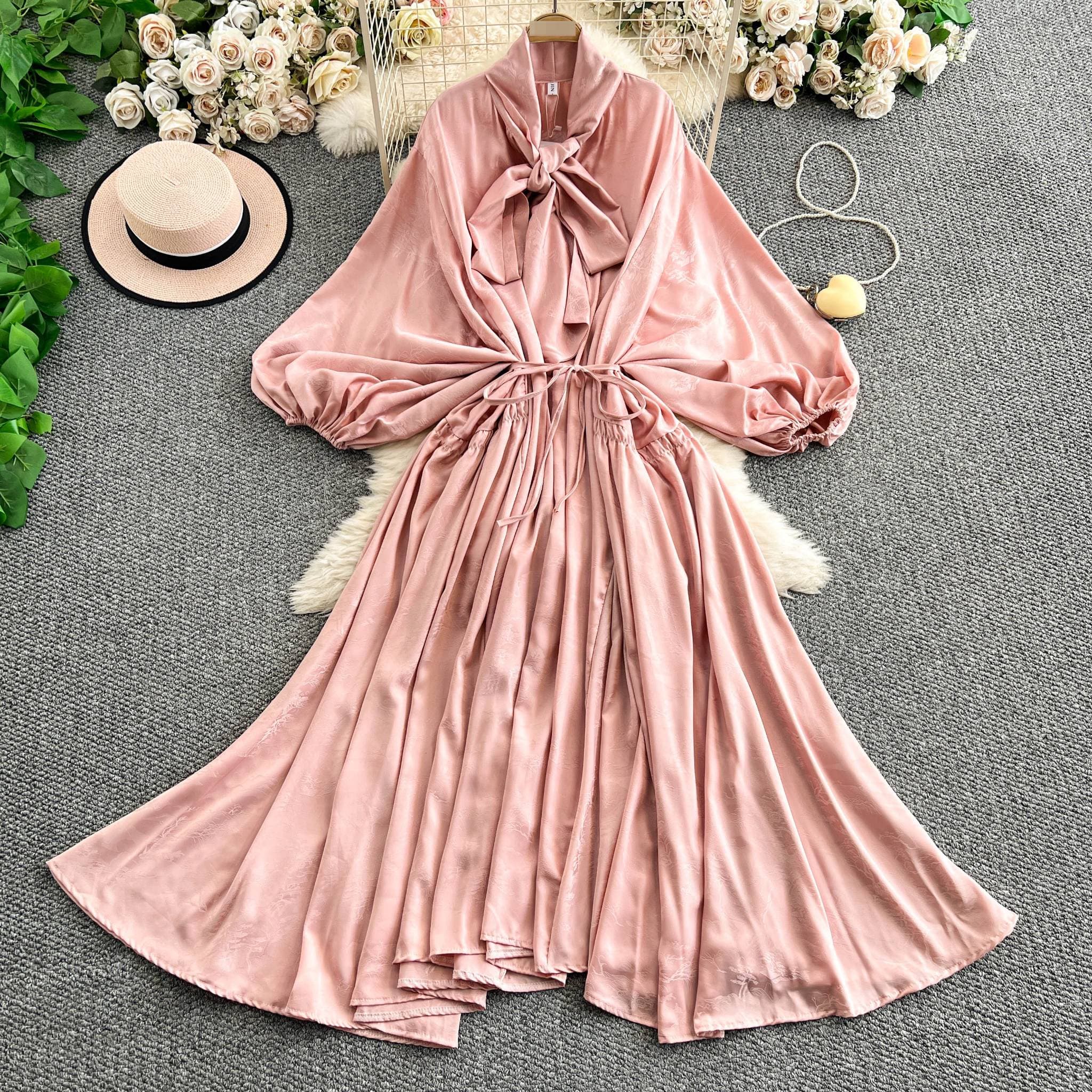 Vintage French Style V-Neck Bow Tie Lantern Sleeve Dress With Tie-Dye Print & Flared Hem For Women