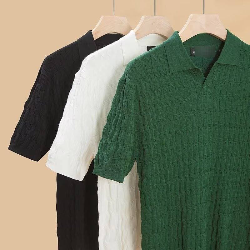 Men's Slim Fit Polo Shirt Short Sleeve Trendy Collared T-Shirt Sophisticated Elegant Knit Top For Casual Wear