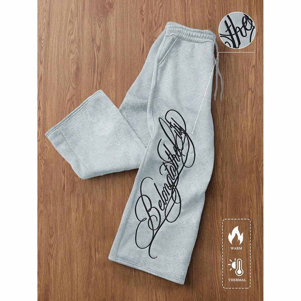 ​Streetwear Drawstring Pants For Men – Oversized Letter Print, Polyester Casual Joggers (S-3XL, Grey/Black)​