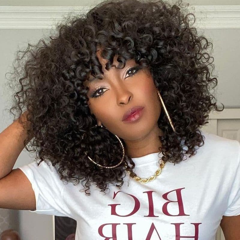 Short Bob Curly Human Hair Wigs Remy Hair WIgs With Bangs Full Machine Made 180% Density Wigs For Women