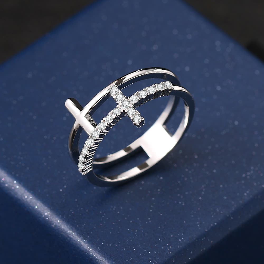 Double Cross Ring for Men and Women Micro Set Zircon Gold Plated Couple Wedding Ring Ornament