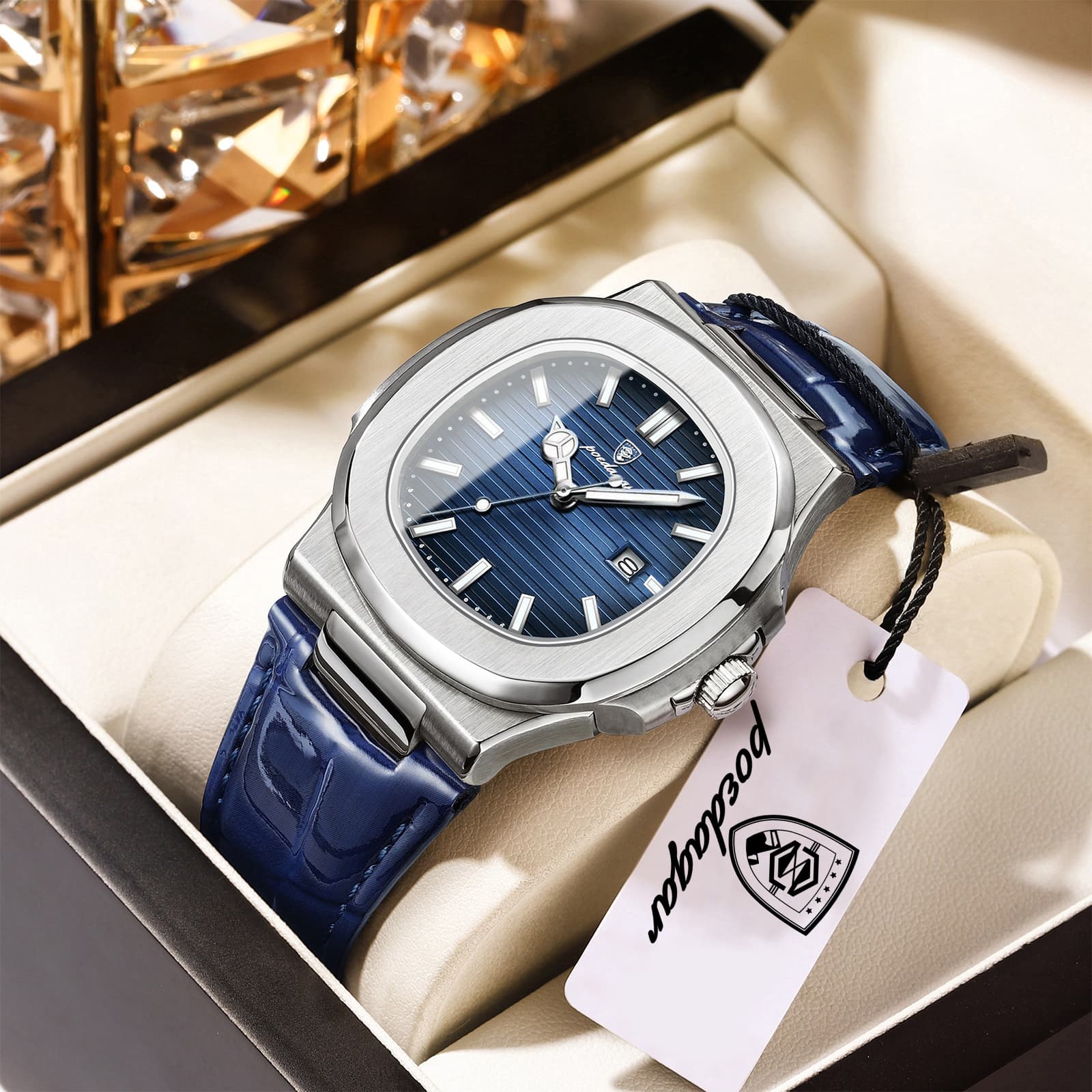 Top Square Man Watch Date Waterproof Luminous Luxury Men Wristwatch High Quality Leather Men's Quartz Watches+Box Reloj