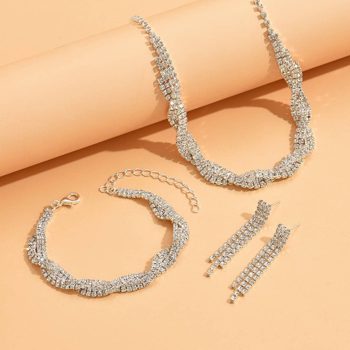 Popular Wedding 3PCS Dress Women's Jewelry Bride rhinestone Necklace Earrings Bracelet Set
