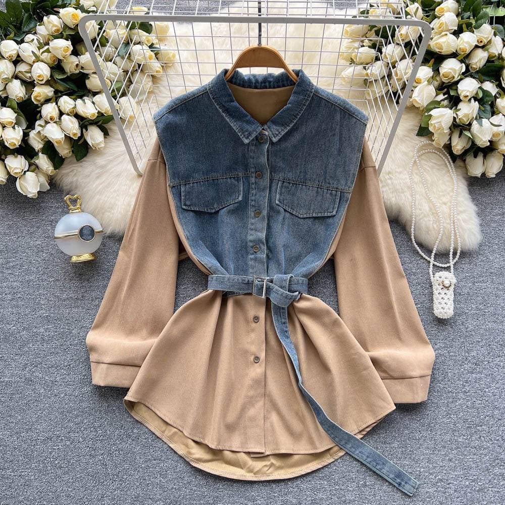 Women's Sleepwears Waist Long Sleeved Shirt Summer High End Cold Style Denim Splicing Shirt Skirt