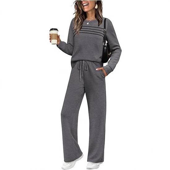 Women's Long Sleeve T-Shirt & Jogger Pants Set - Stretch Polyester Casual Outfit With Drawstring Waist, Solid Color Streetwear
