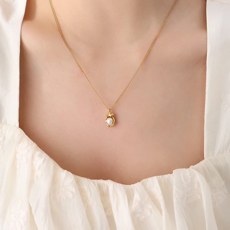 Women's Jewelry - Titanium Gold Plated Cuban Chain Necklace With Baroque Freshwater Pearl Pendant, Geometric Design, Adjustable Length 21-50cm