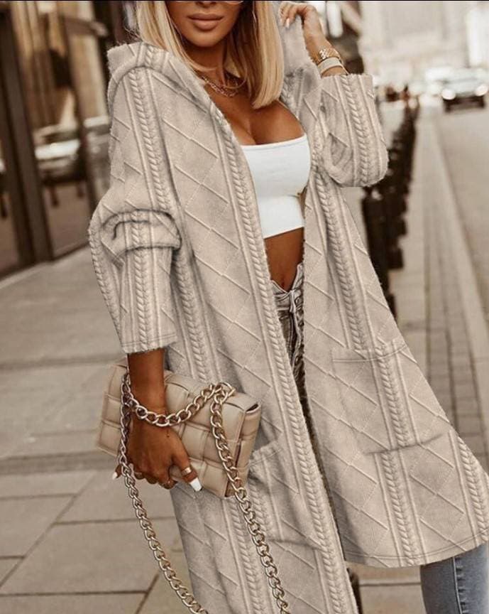 The new style leisure lady garlands the grain hooded mid-long style trench coat knitting cardigan