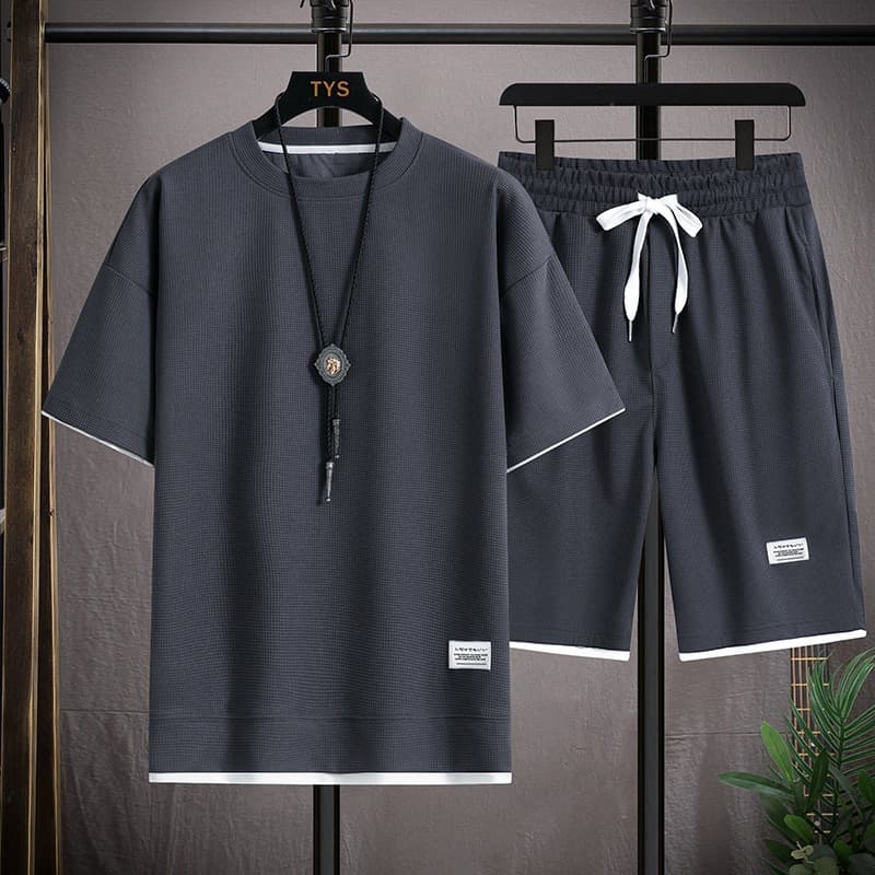 Men's Clothing Waffle short-sleeved t-shirt men's casual sports suit wholesale summer loose two-piece half-sleeved T-shirt two-piece set