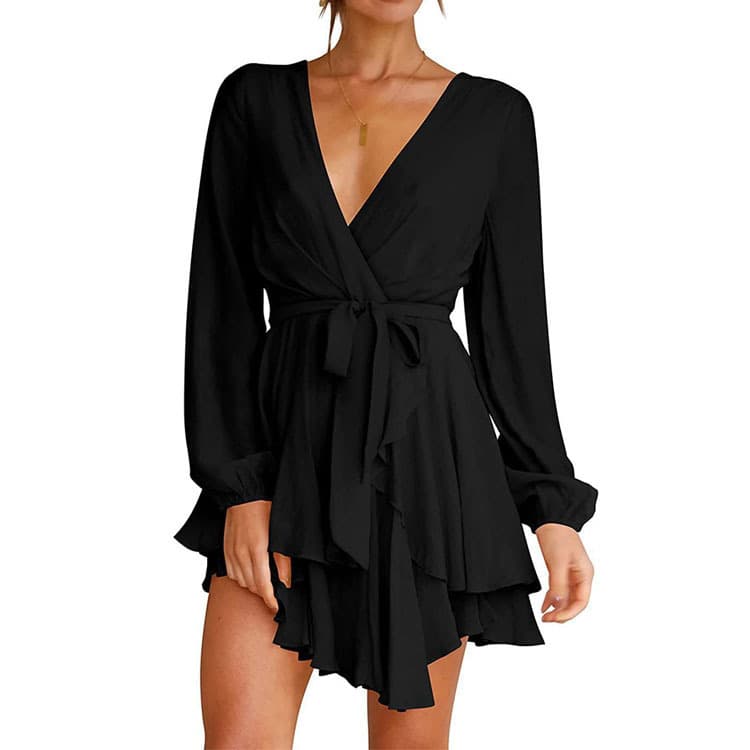 Women's Clothing Deep V Neck Long Sleeve Dress Waist Tie Pleated Mini Skirt Skater Dress