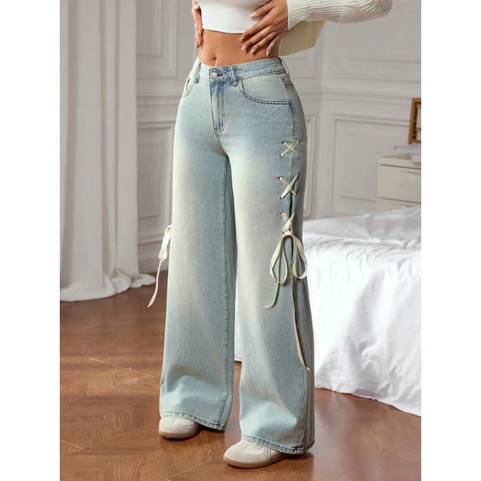 Women's Clothing High-Waisted Flare Jeans With Bow Detail - Comfortable Cotton Stretch Denim Pants For Casual & Streetwear (S/M/L/XL/2XL)​