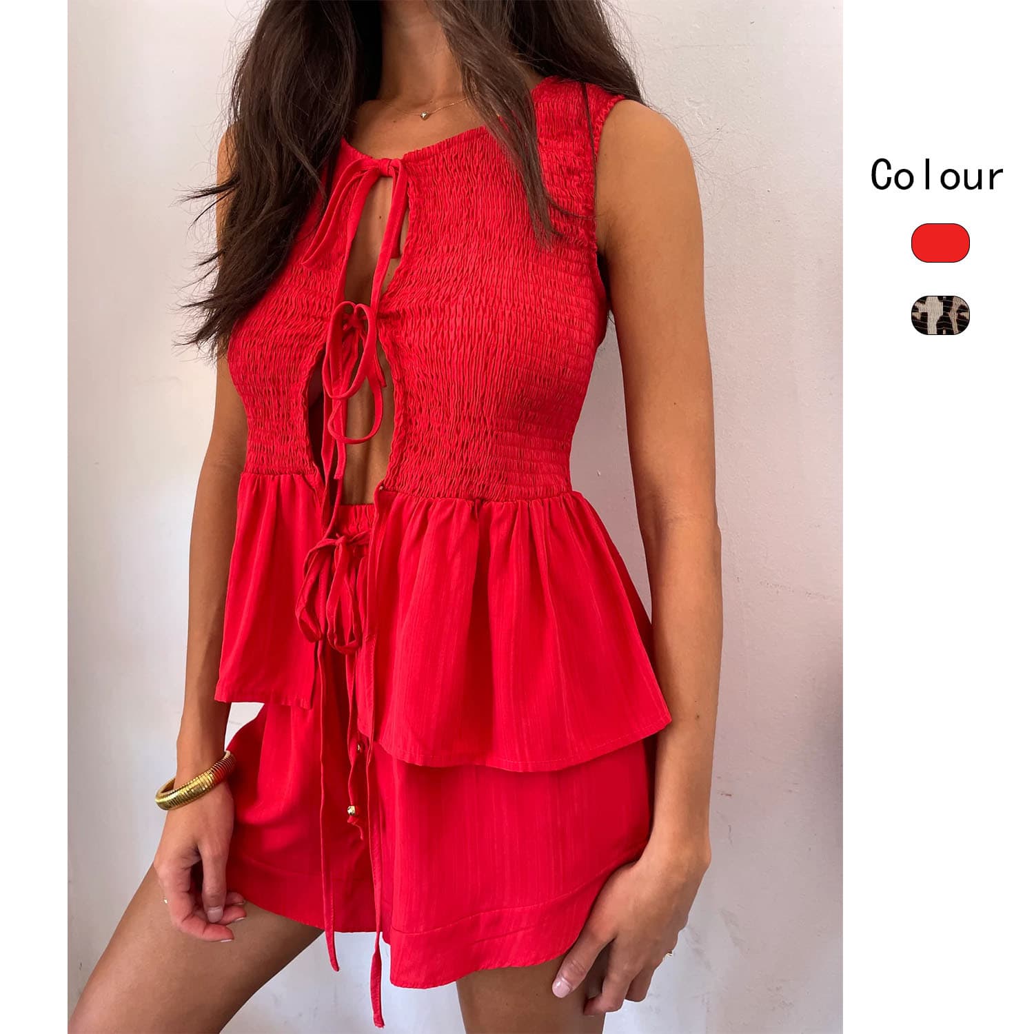 Women's Clothing Sleeveless Lace Up Top Slim Fashion Street Women's Casual Pants Suit 68617