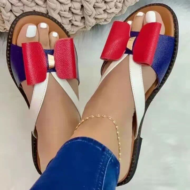 new flat-bottomed color matching bow ladies sandals large size women's shoes