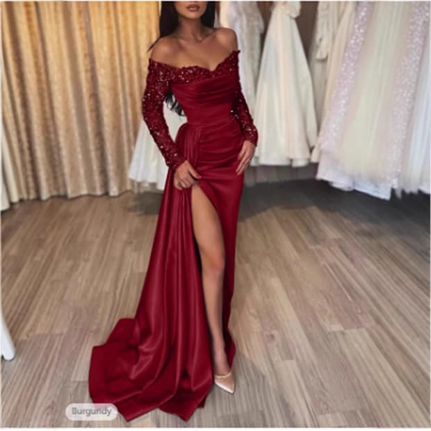 Women's Clothing Elegant Long Sleeve Sequin Evening Dress For Women - Glamorous V-Neck Formal Gown With 3D Embroidery, Perfect For Banquets, Parties