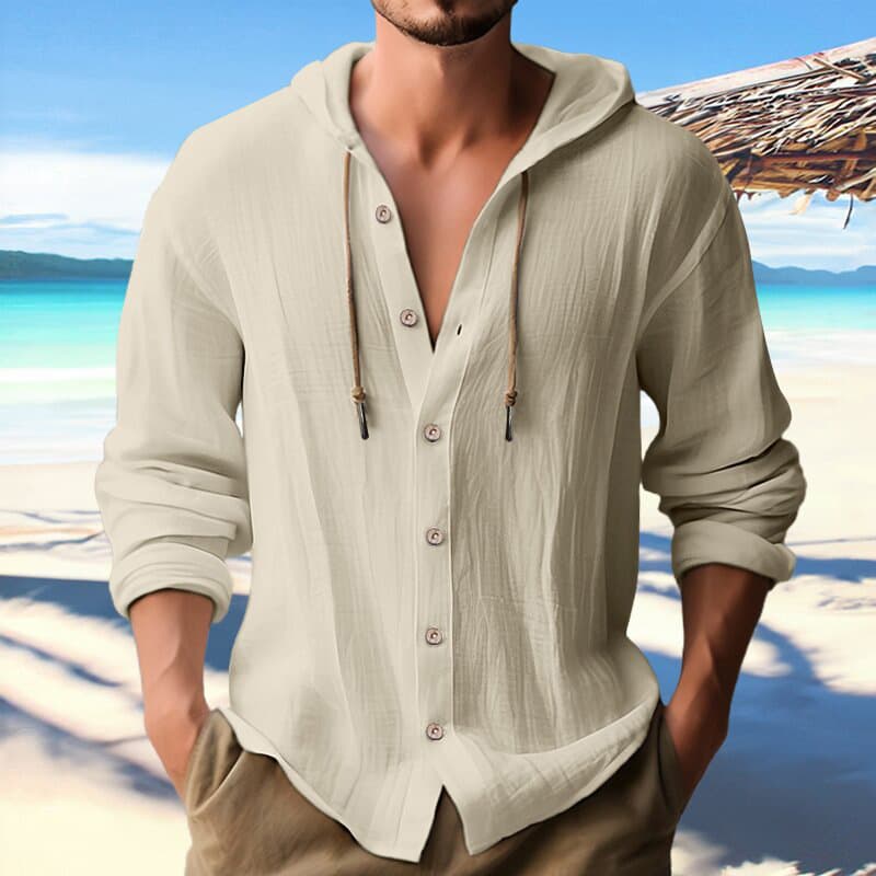 Man's clothing Cotton linen shirt hooded hoodie button-up long-sleeved hooded spring and summer casual daily clothing