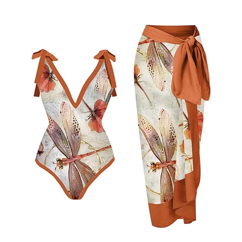 One-piece Swimsuit Chiffon Long Skirt Printed Sexy Belly-covering Slimming Hot Spring Vacation Two-piece Swimsuit For Women