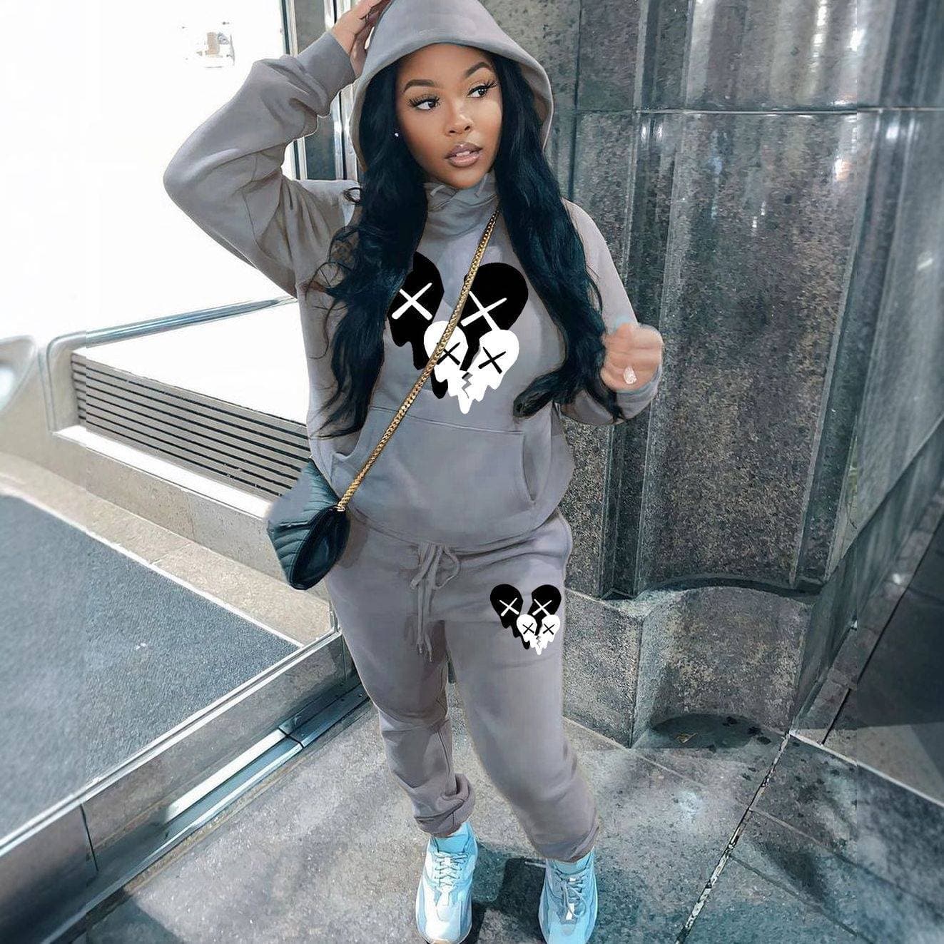 Women's Clothing Two Piece Hoodie Casual Print Plus Velvet Sweater Women's Sports Suit