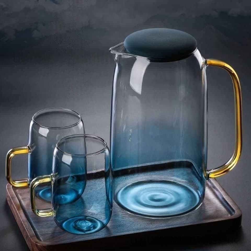 Marble Glass Water Pitcher - 1.8L Thickened & Heat-Resistant Jug With Gradient Blue Design (Trendy Kitchenware Perfect For Iced Tea Lemonade)​