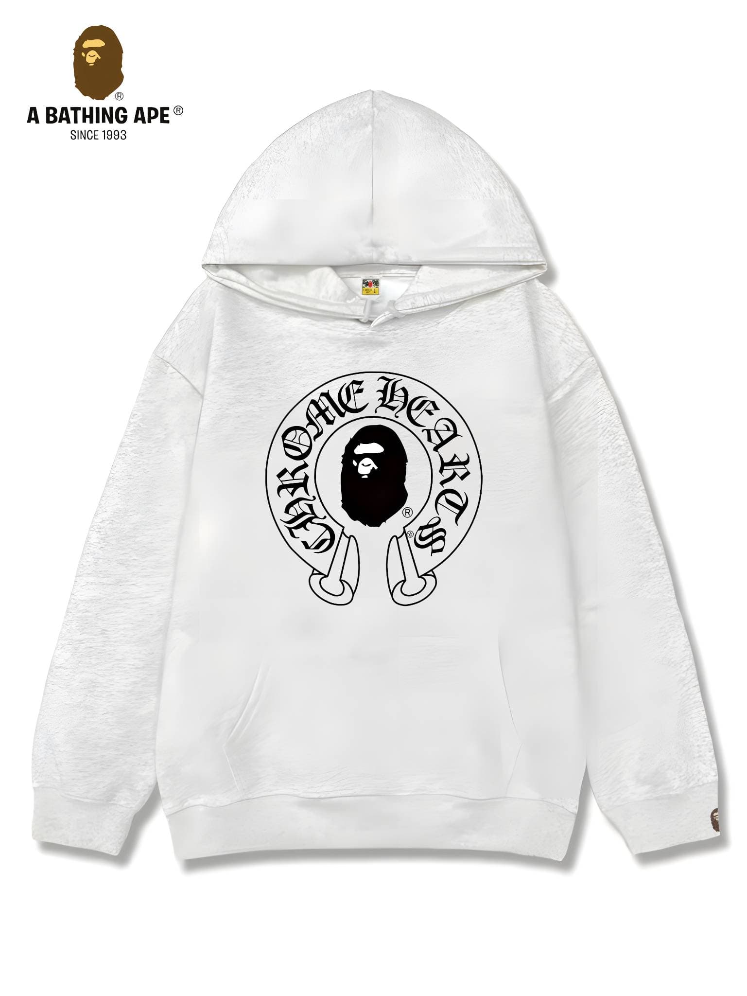Sweat à capuche unisexe avec motif tête de singe imprimé et logo créatif, style décontracté et tendance, de marque BAPE et Chrome Hearts