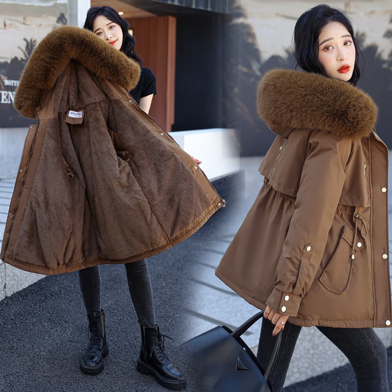 Women’s Slim-Fit Parka Coat With Raccoon Fur Trim – Winter Fleece-Lined Jacket,Utility Pockets (M-XXXL, Khaki/Black/Cream/Coffee/Sky Blue)​