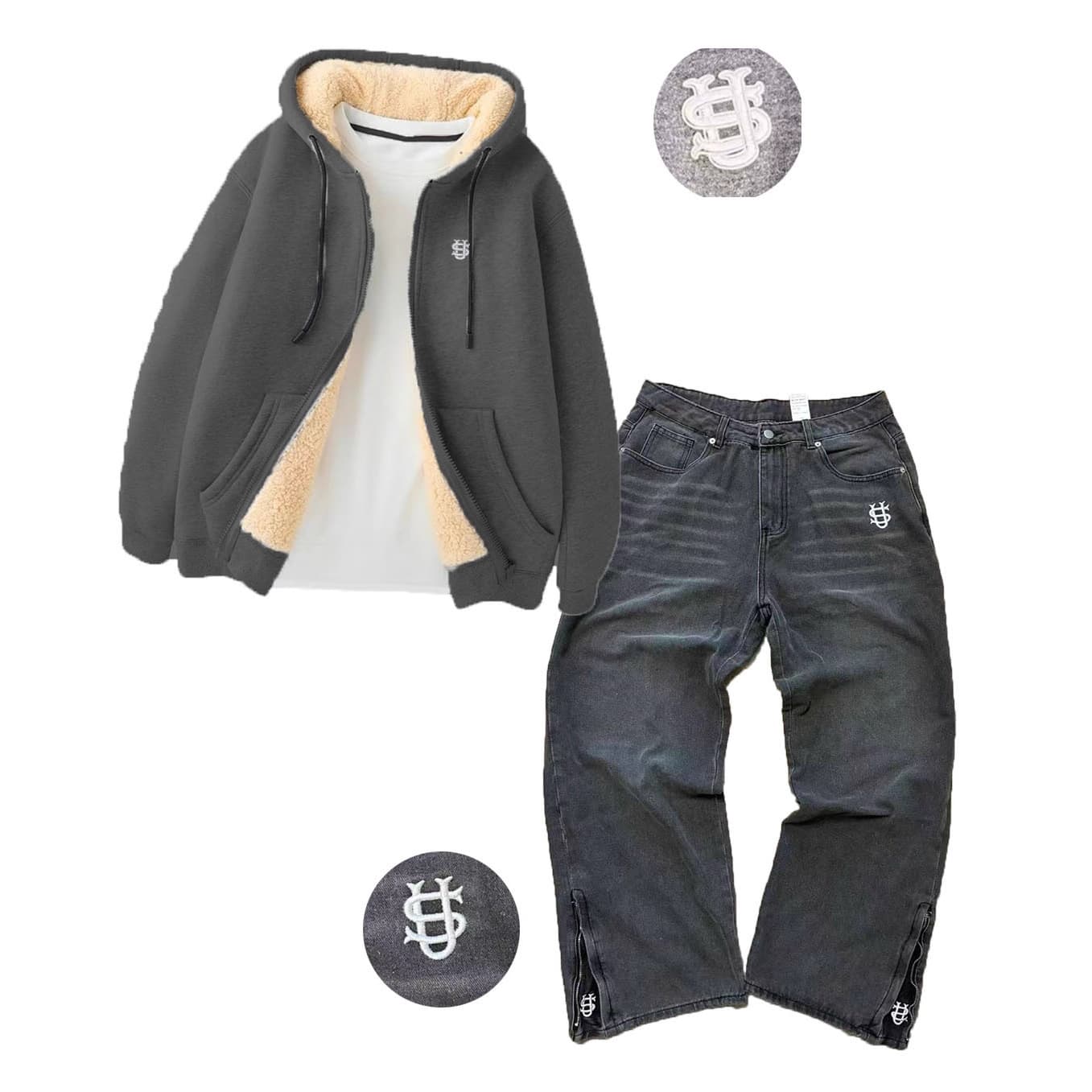 Men's Clothing Autumn And Winter Men's Letter Embroidery Hot Stamping Lambskin Jacket Jeans Suit