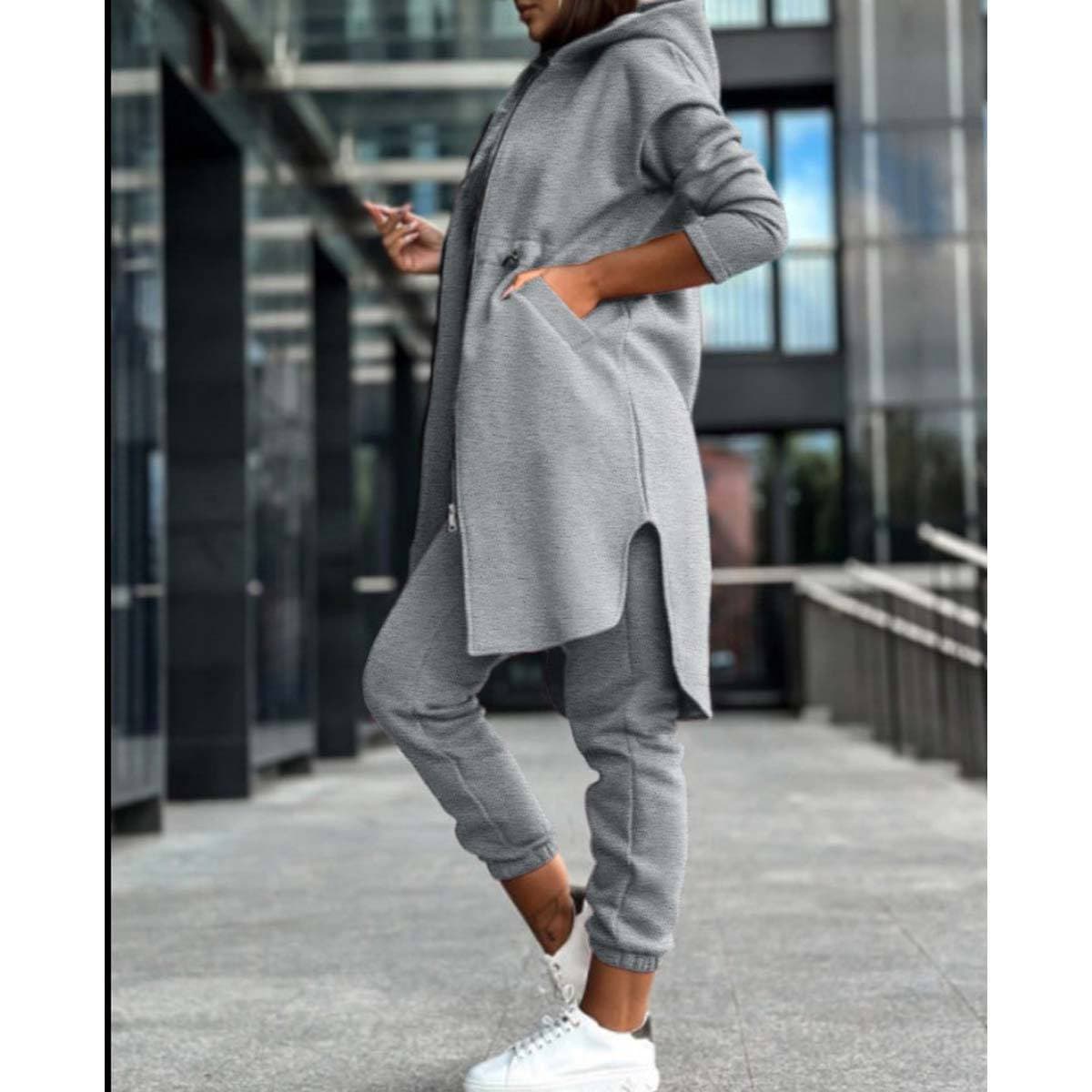 Women's fashion casual hooded fleece hoodie coat two-piece set