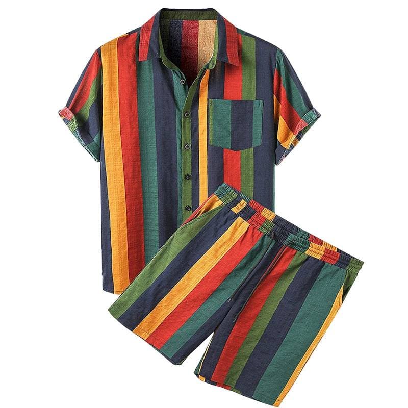 Men's Clothing Beach Hawaiian Colorful Striped Short Sleeve Shorts Set Two-Piece Shirt