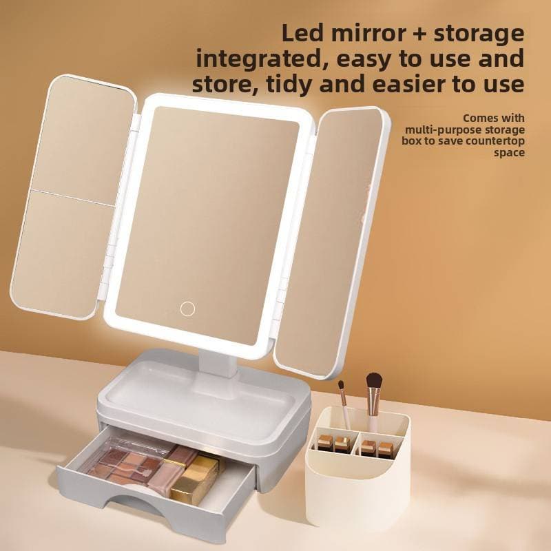 3-Sided LED Vanity Mirror With Touch Control & Storage Box - 360° Adjustable, Dimmable Lighting For Makeup/Skincare (White)