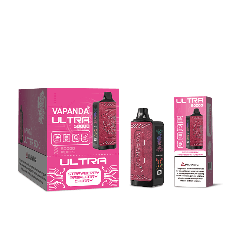Vapanda Ultra 50k Vape, cigarette électronique jetable de luxe avec écran latéral et cuir, très tendance.