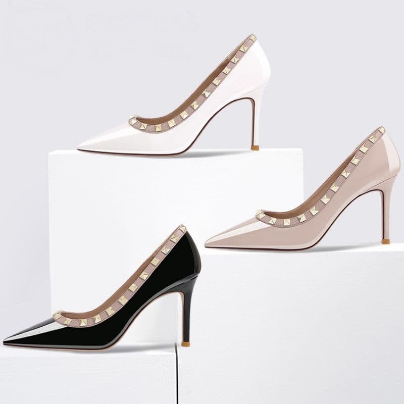 2024 new thin heel shallow mouth pointed versatile rivet black patent leather single professional work shoes high heels