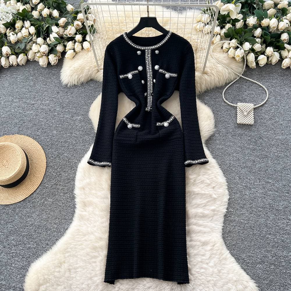 Women's Clothing ​Elegant French-Inspired Knit Dress With Metallic Buttons - High Waist Slimming Midi Dress For Women (Red, Khaki, Black) - One Size