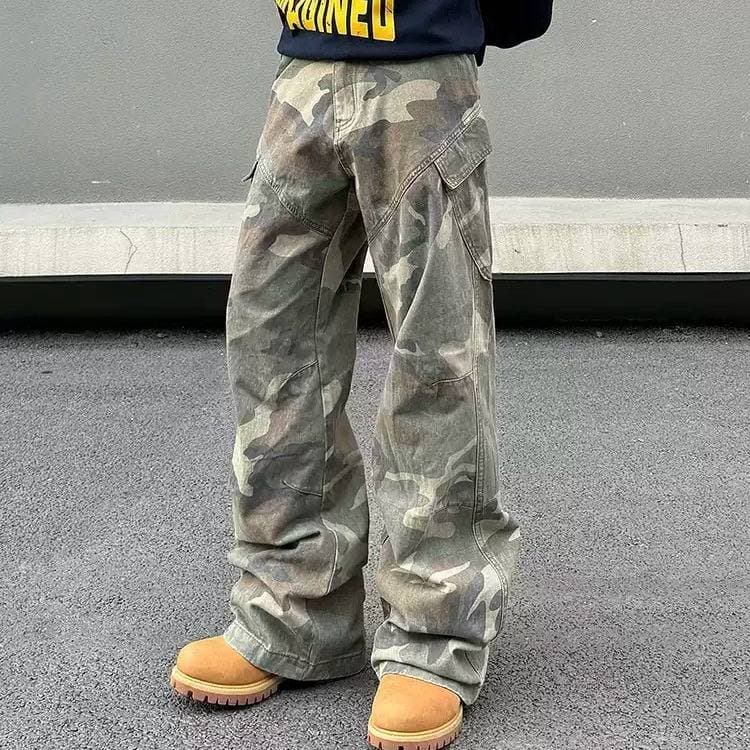 ​​Vintage Washed Camo Cargo Pants – Unisex Streetwear Utility Jeans With Multi-Pockets​​ ​​Neutral Camo Palette