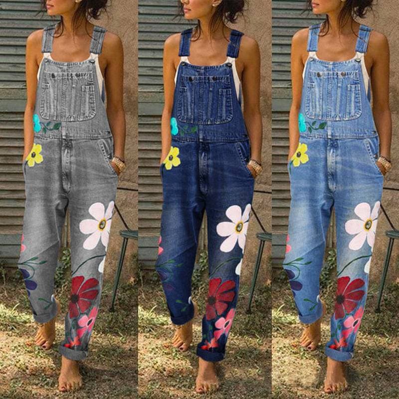 Women's Spring And Autumn Bib Pants Popular Printed Cut And Torn Denim Trousers