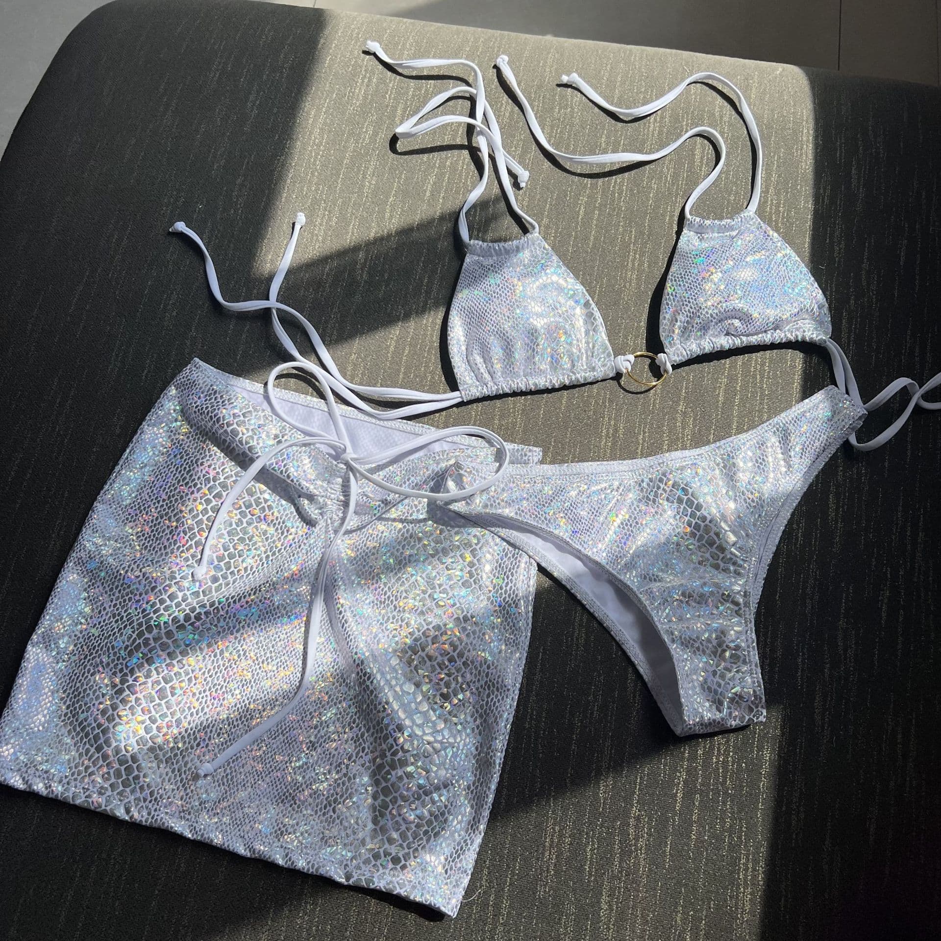 snakeskin pattern drawstring strap three-piece short skirt bikini swimsuit