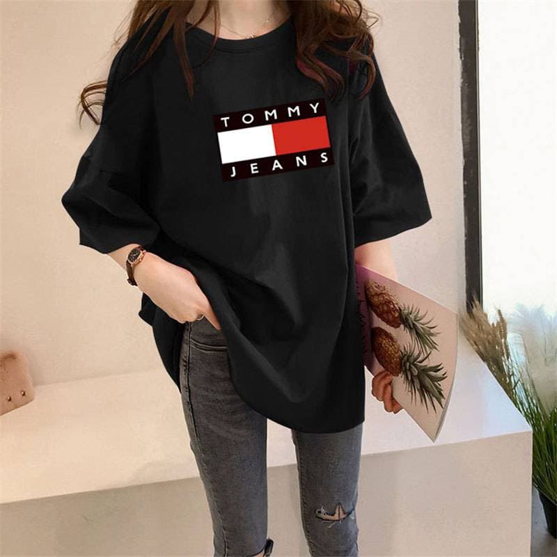 T-shirt mi-long imprimé pour femme, haut ample