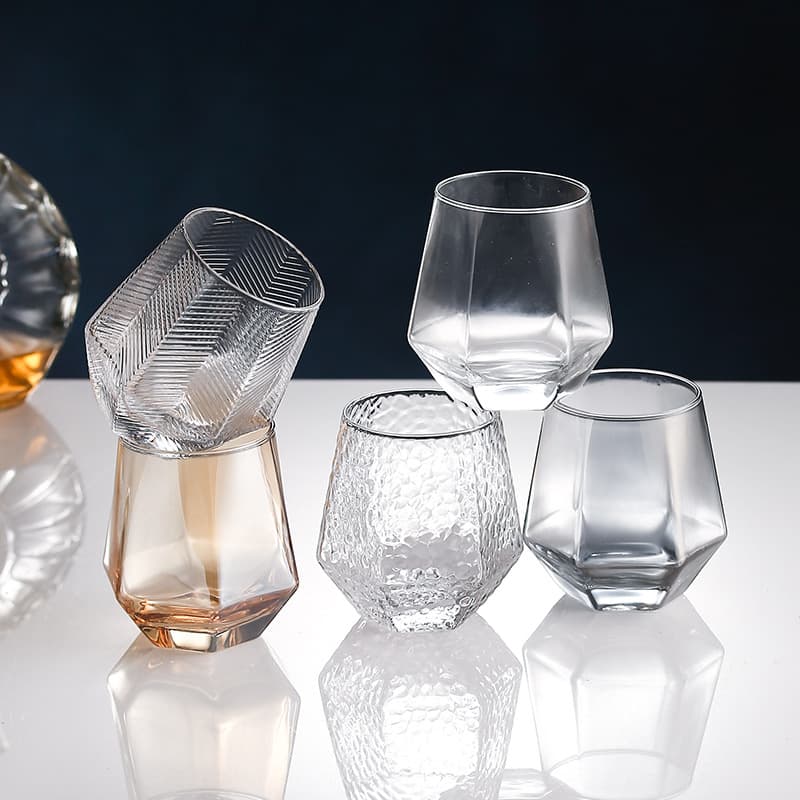 Hexagon Hammered Glass Cups - Multi-Purpose Drinking Glasses For Beer, Water & Tea (Set Of 4, Thickened Crystal Clear, Dishwasher Safe)​​