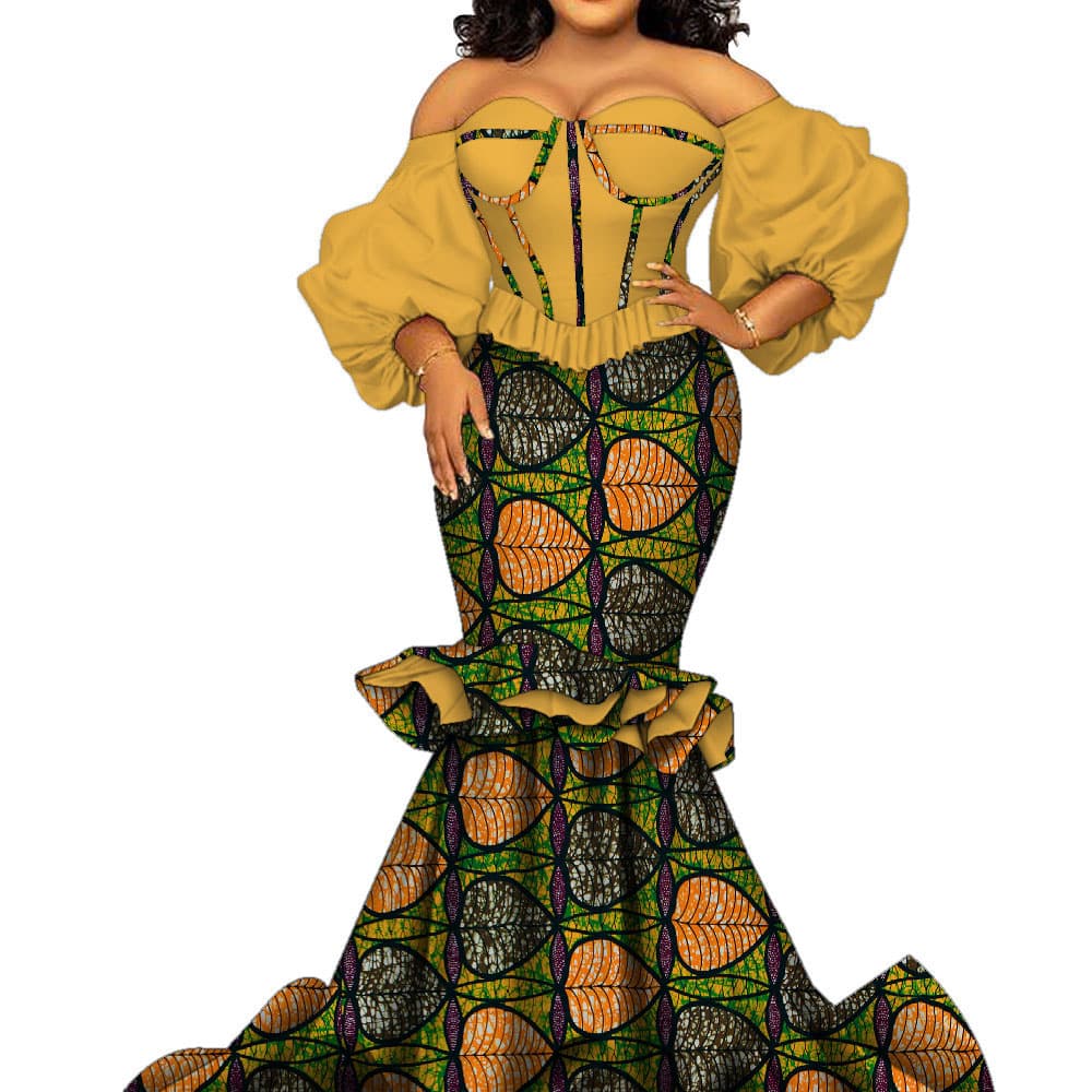 Women's Clothing Print Floor Mounting Lantern Sleeves Dress Wedding Ladies Dress