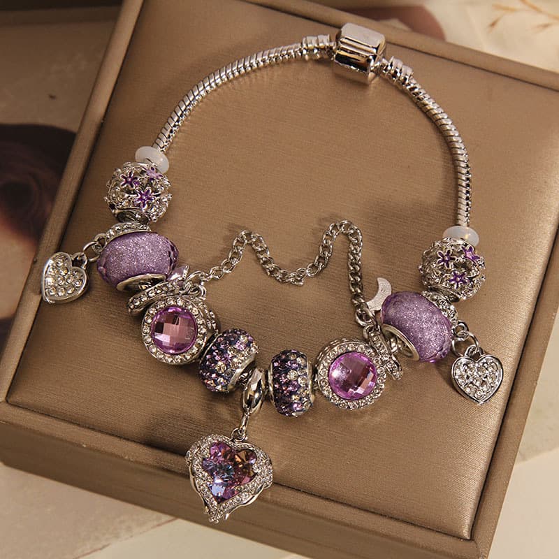 Panjia Cross-border Female Influencer's Forest-style Ins Niche Light Luxury Purple Glass Bead Heart Pendant Bracelet