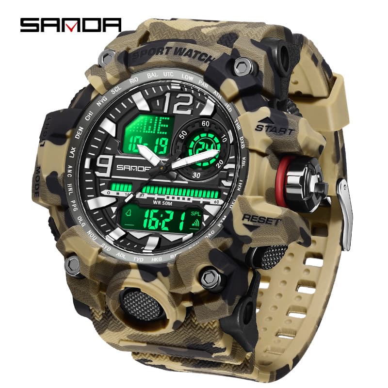 Montre de sport numérique camouflage robuste avec double affichage, alarme, chronomètre et résistance à l'eau 50 m pour homme. Montre de sport électronique étanche.