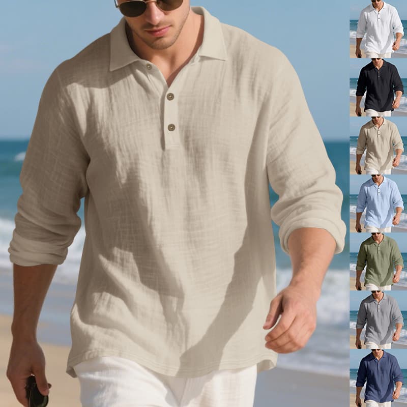 Autumn American Style Loose Linen Turn-Down Collar Button-Up Casual Business Men's Long Sleeve Polo Shirt