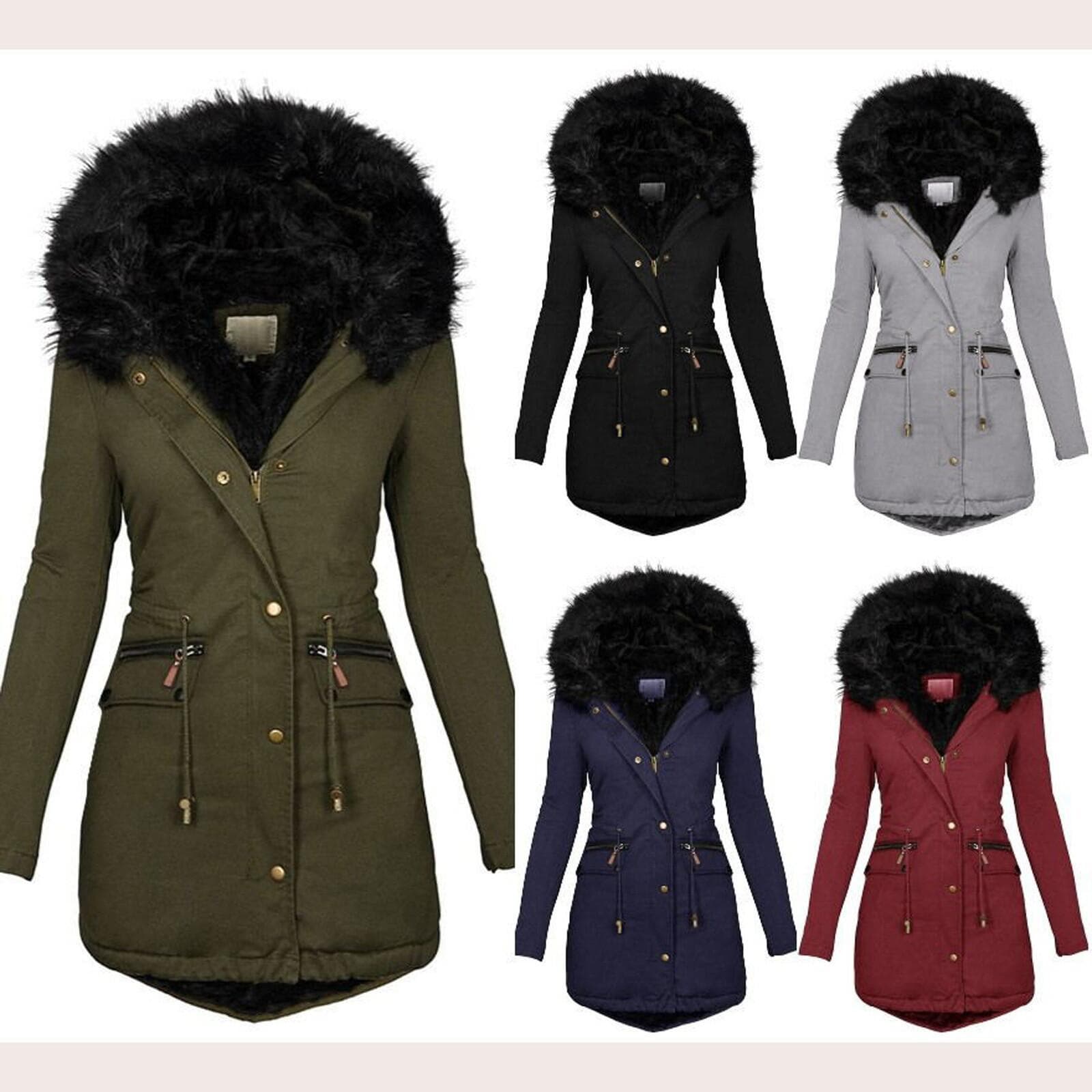 Women's Fashionable Fur Collar Hooded Warm Drawstring Waist Mid-length Cotton Jacket