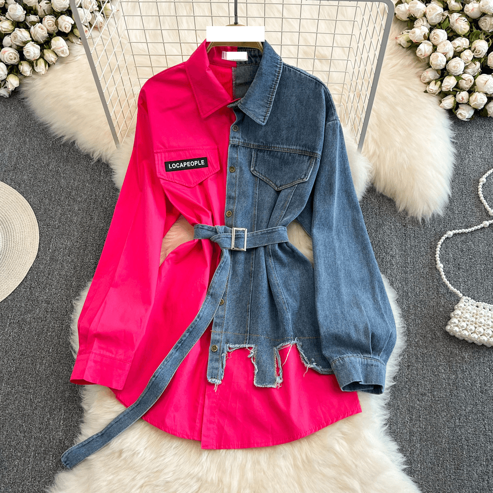 Women's style waist with belt matching color denim shirt