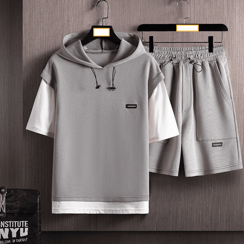 Men's clothing Waffle short-sleeved suit men's two-piece suit brand casual sports two-piece tops men's clothing matching set